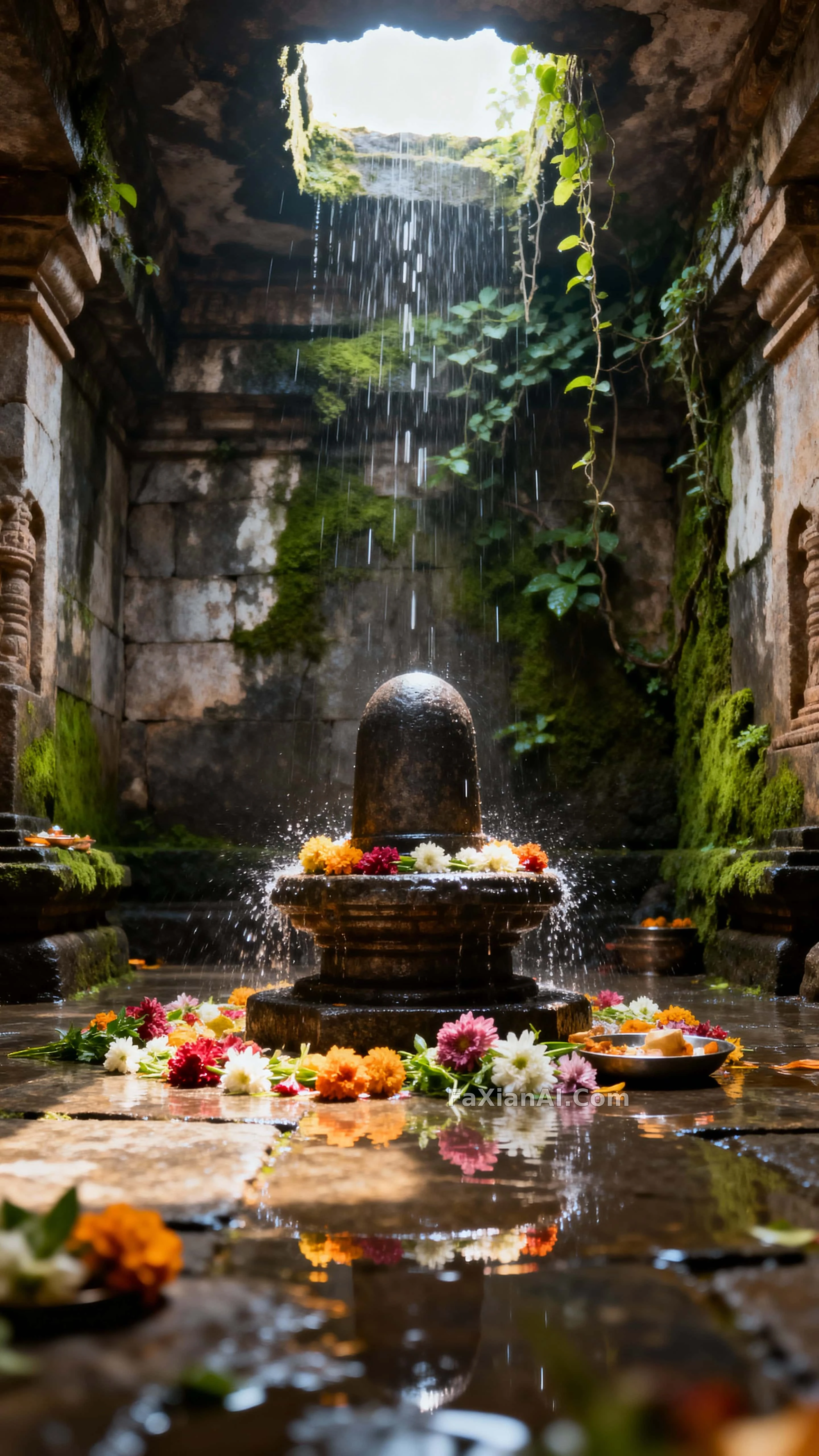 Rain Through a Broken Roof into a Moss-Covered Stone Hall