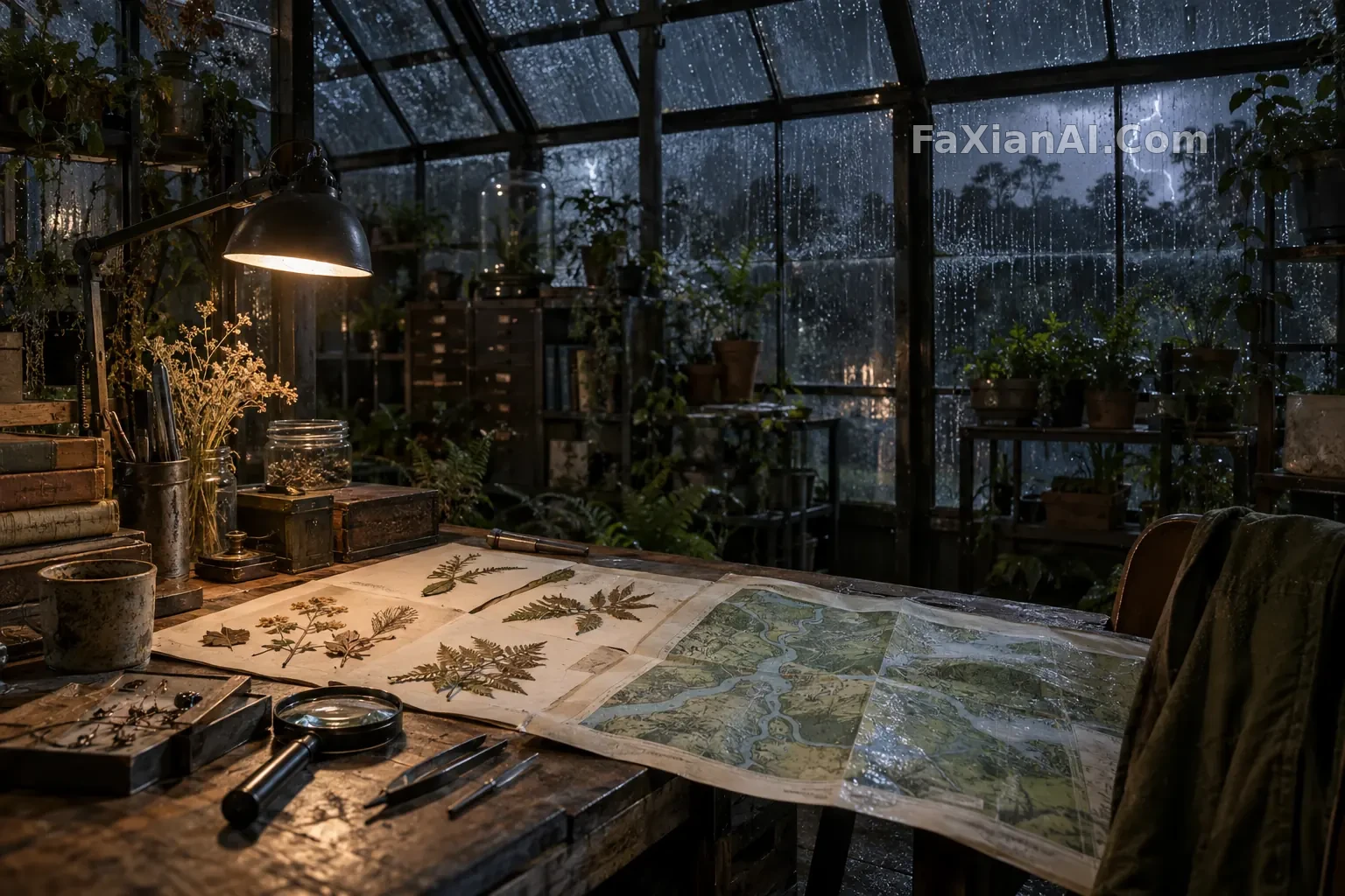 雨夜温室里的植物地图室