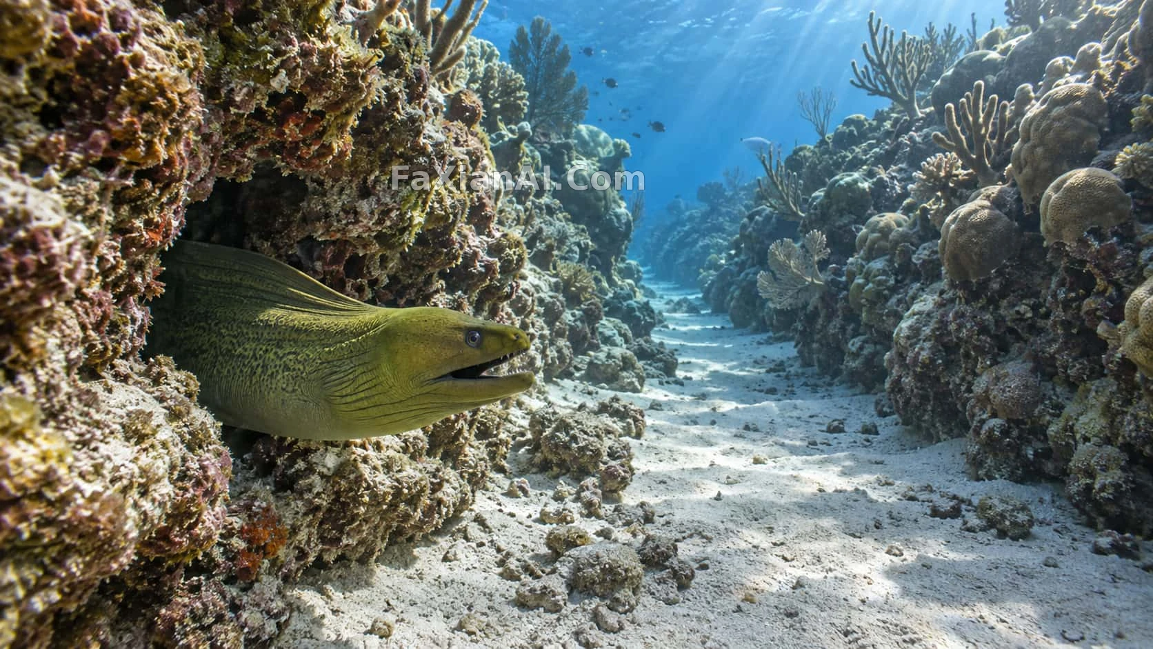 A Moray Eel Sliding Half Out of a Coral Crevice
