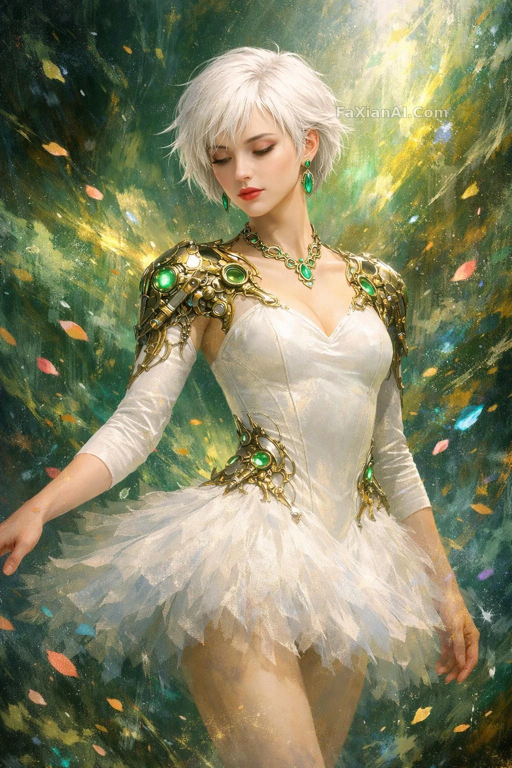 机械花纹裙摆，宇宙色背景里起舞