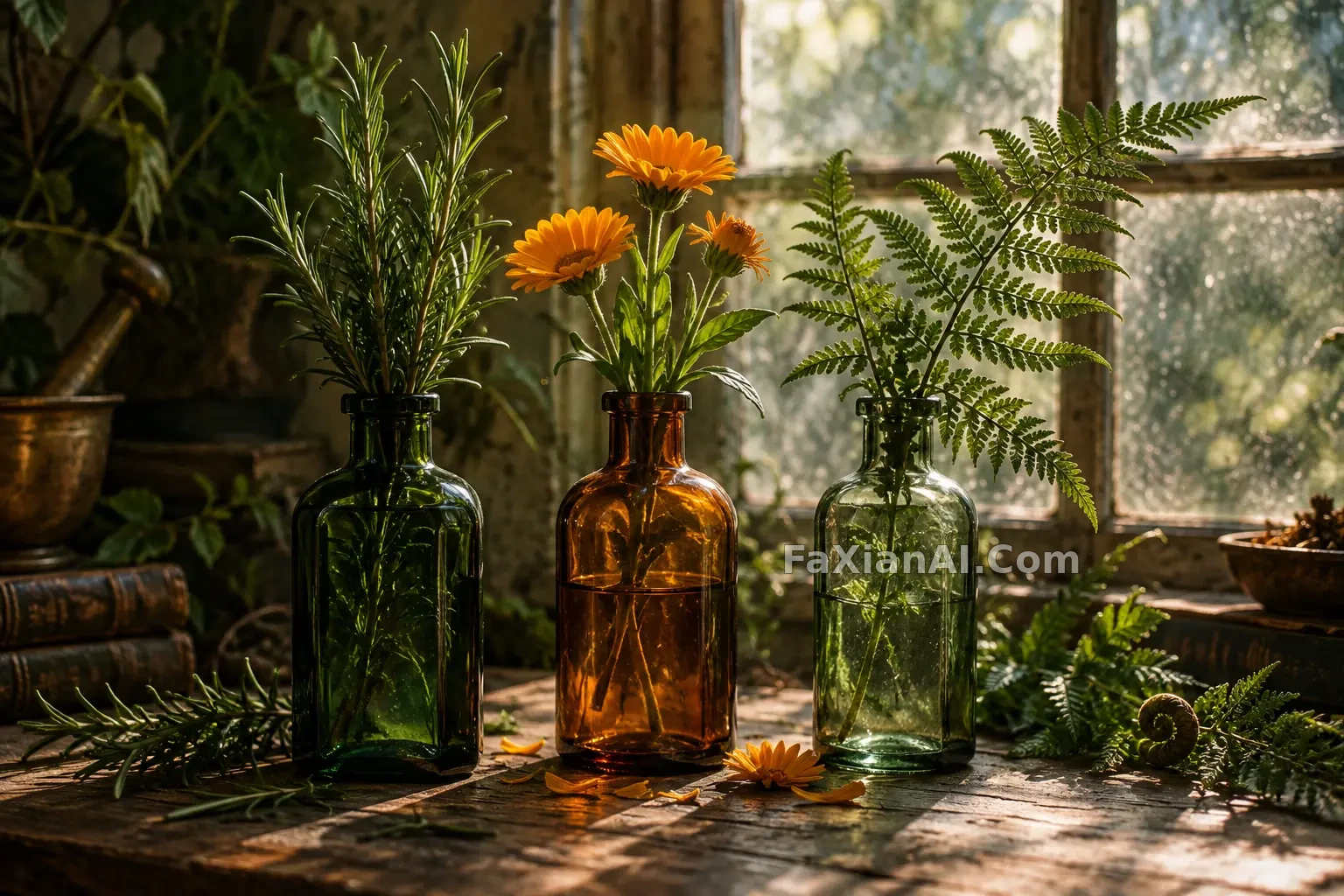 植物药房的三只老玻璃瓶 · GPT Image 2.5 成图