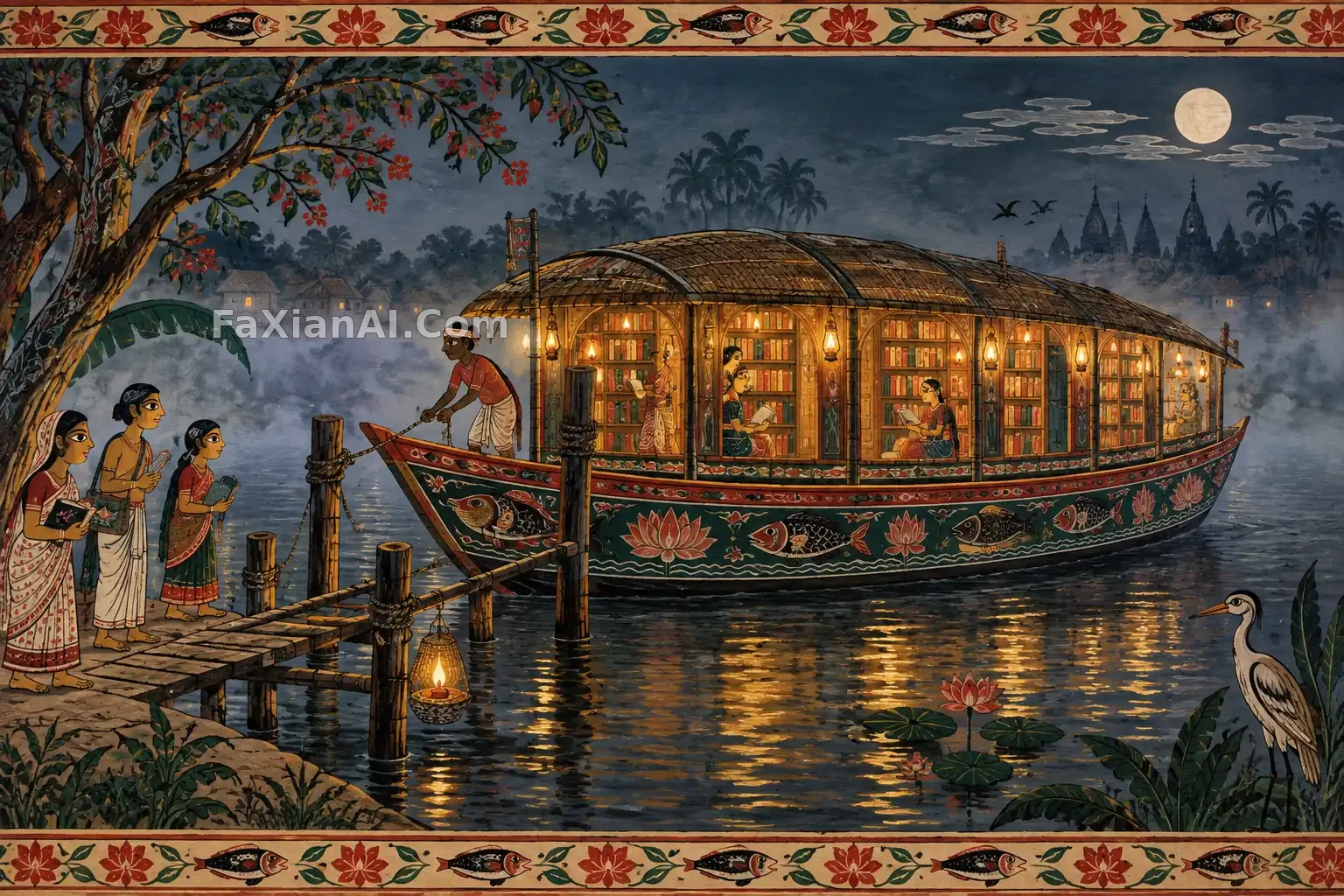 漂浮渡轮上的夜间图书馆 · GPT Image 2.5 成图