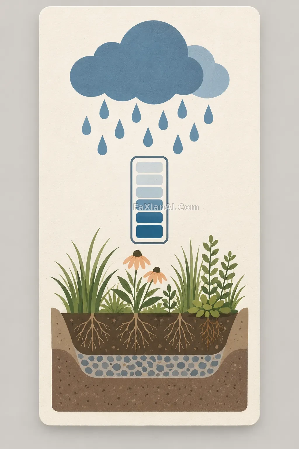 雨水花园的信息卡，让图标解释水位