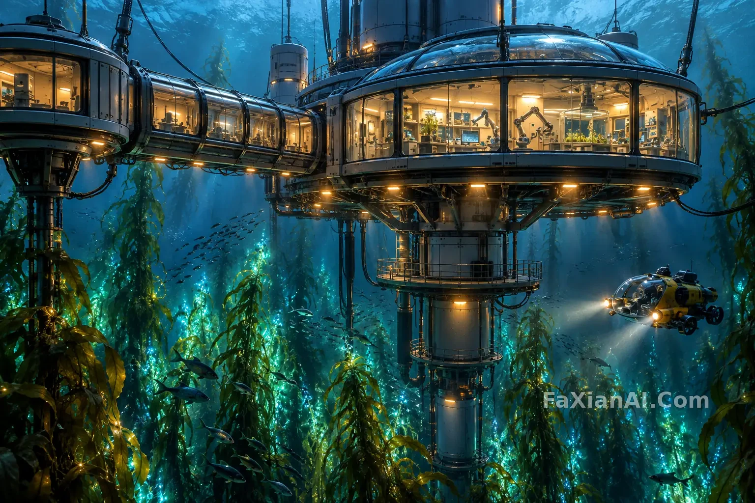 发光海藻上方的研究舱