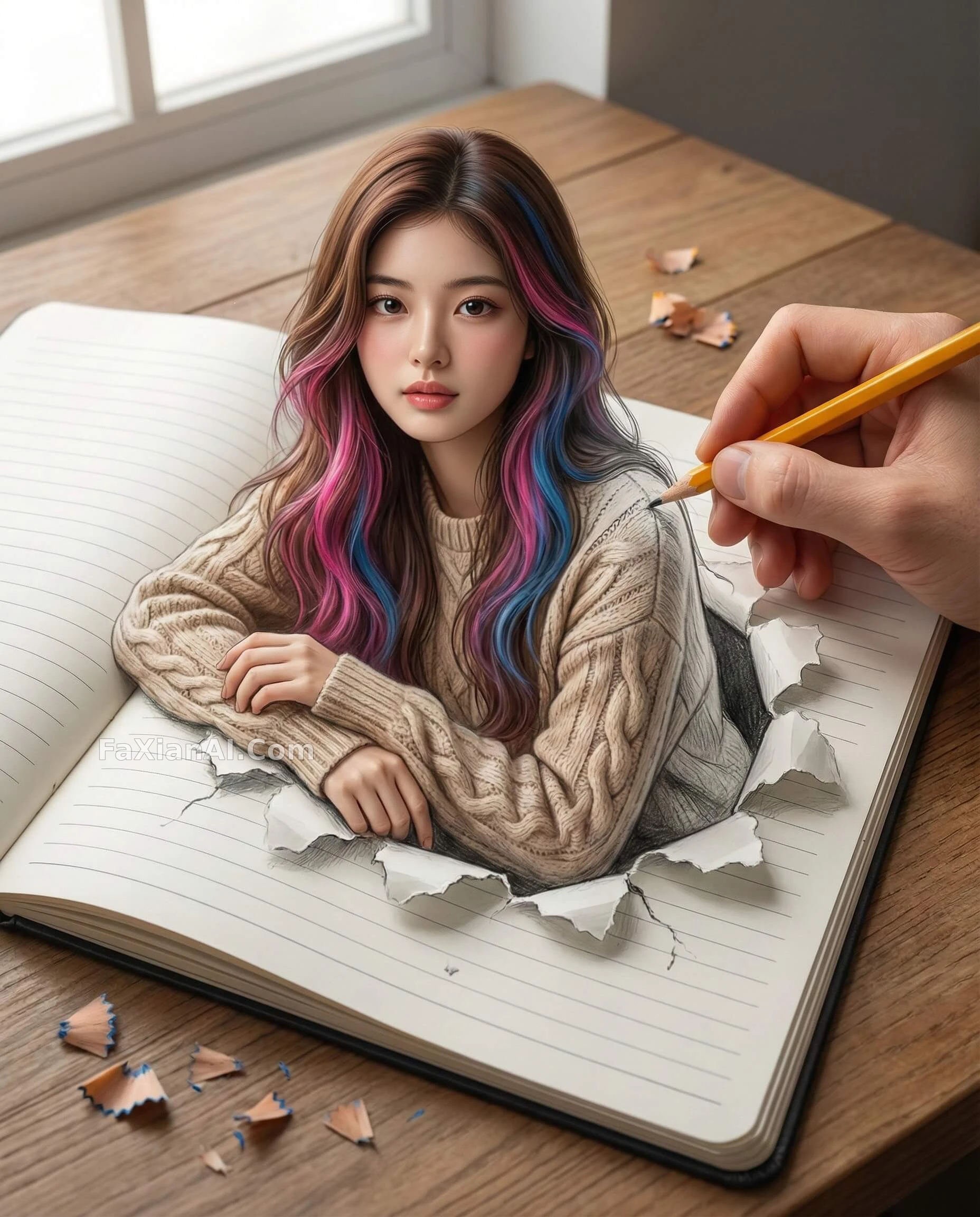 톱라이트가 찢어진 종이 위로 떨어져요