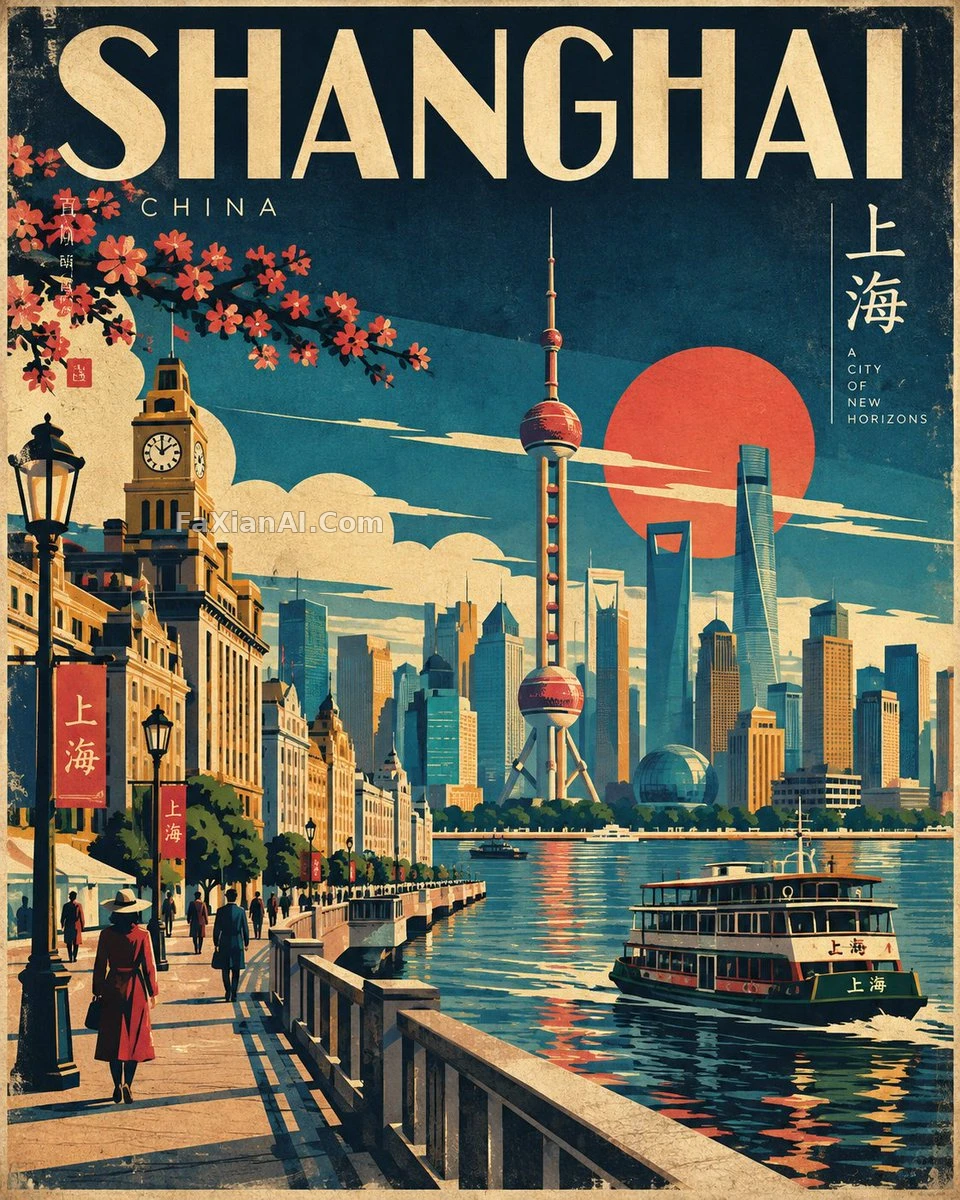 几何块面拼出的日式旅行海报
